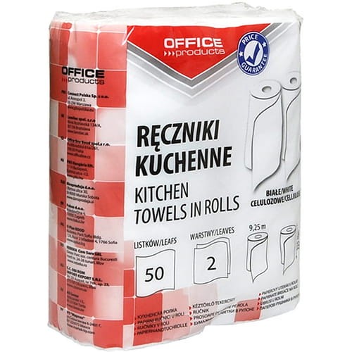 Ręczniki kuchenne celulozowe OFFICE PRODUCTS, 2-warstwowe, 50 listków, 9,25m, 2szt., białe