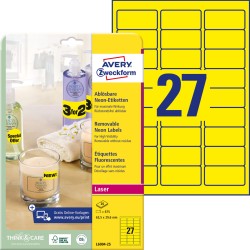 Etykiety papierowe 63,5 x 29,6 mm, żółte neonowe kolory, etykiety z usuwalnym klejem, etykiety do oznaczenia 25 ark. / op., etykiety cenowe Avery L6004-25