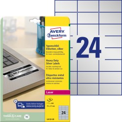 Etykiety znamionowe 70 x 37 mm, srebrne etykiety wodoodporne, etykiety poliestrowe 20 ark., tabliczki znamionowe do druku, etykiety foliowe Avery L6133-20
