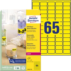 Etykiety papierowe 38,1 x 21,2 mm, żółte neonowe kolory, etykiety z usuwalnym klejem, etykiety do oznaczenia 25 ark. / op., etykiety cenowe Avery L7651Y-25