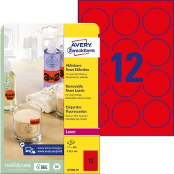 Etykiety papierowe Ø63,5 mm, czerwone neonowe kolory, etykiety okrągłe z usuwalnym klejem, etykiety do oznaczenia 25 ark. / op., etykiety cenowe Avery L7670R-25