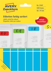 Trwałe etykiety kolorowe 50 x 19 mm, mix 5 kolorów, etykiety papierowe do opisu ręcznego, etykiety samoprzylepne 30 ark., Avery 51047