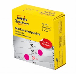 Kółka do zaznaczania w dyspenserze Ø 19 mm, różowe etykiety papierowe, etykiety okrągłe z trwałym klejem, etykiety do oznaczenia 250 szt. / rolka, Avery 3854