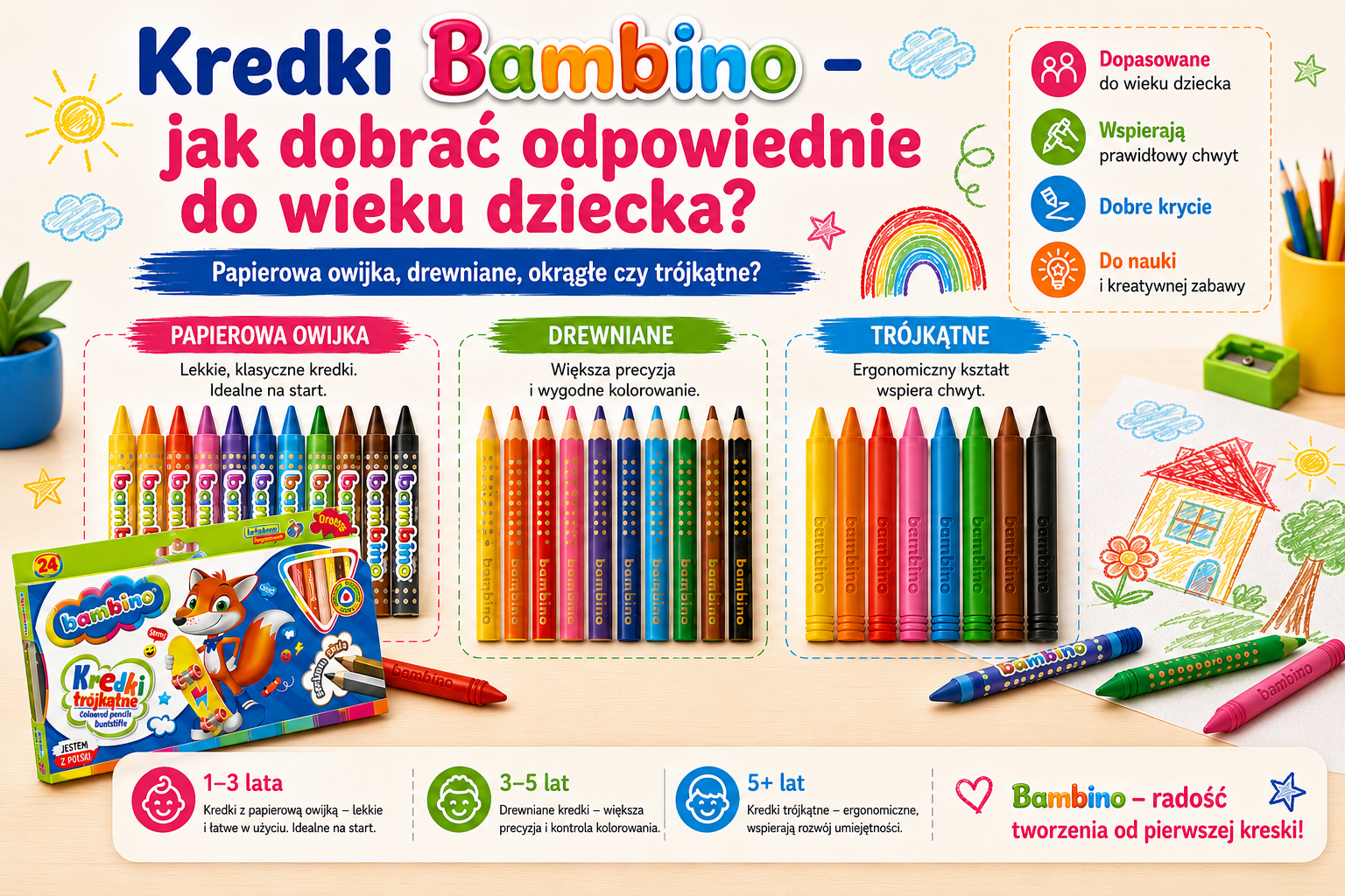 Kredki Bambino w papierowej owijce, w oprawie drewnianej, okrągłe czy trójkątne? Jak dobrać odpowiednie kredki do wieku dziecka